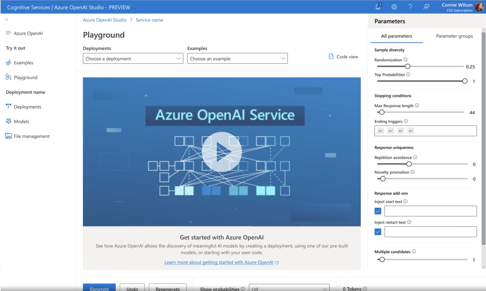 Azure OpenAI Studio Playground with a getting-started video and the parameters panel