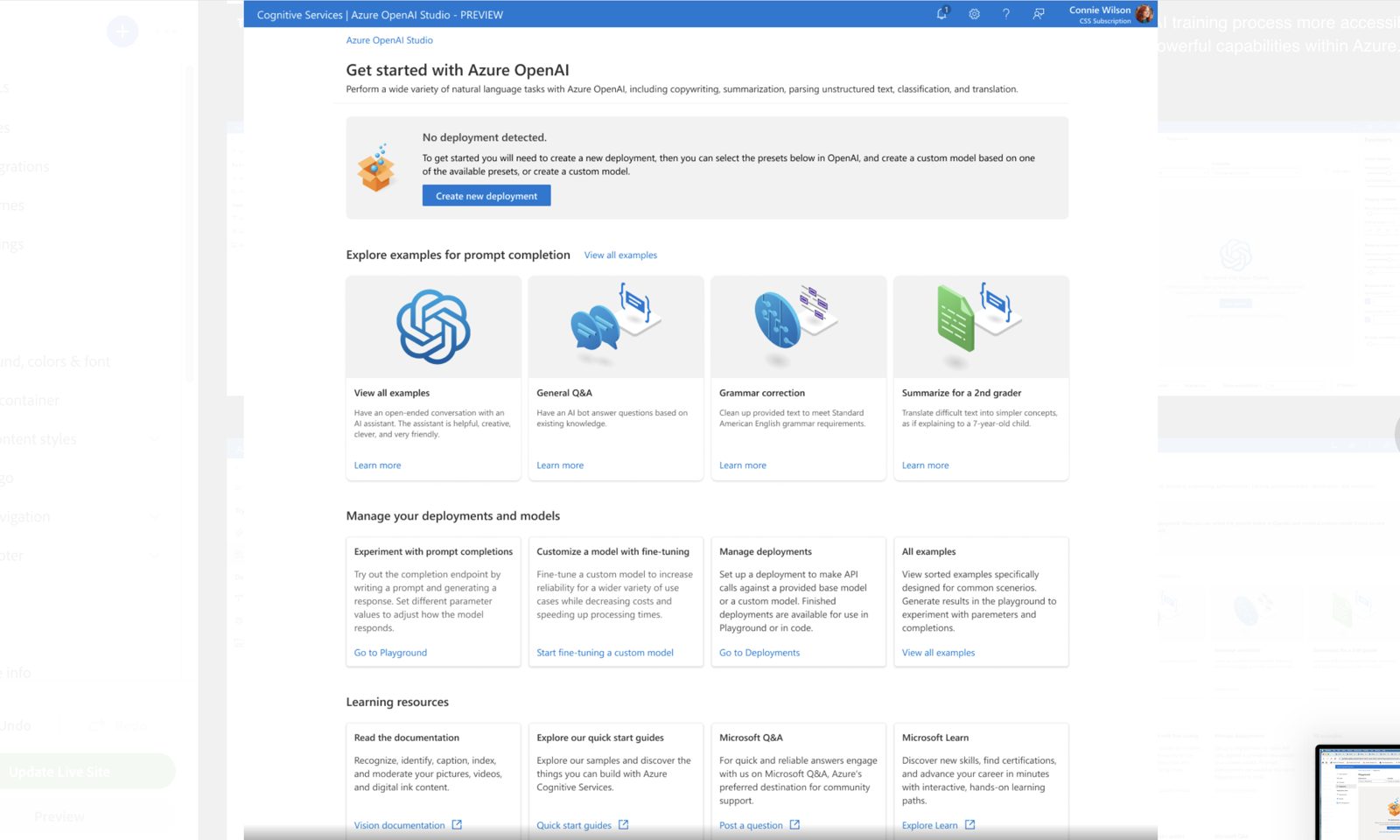 Get started hub with example prompts, deployment management, and learning resources