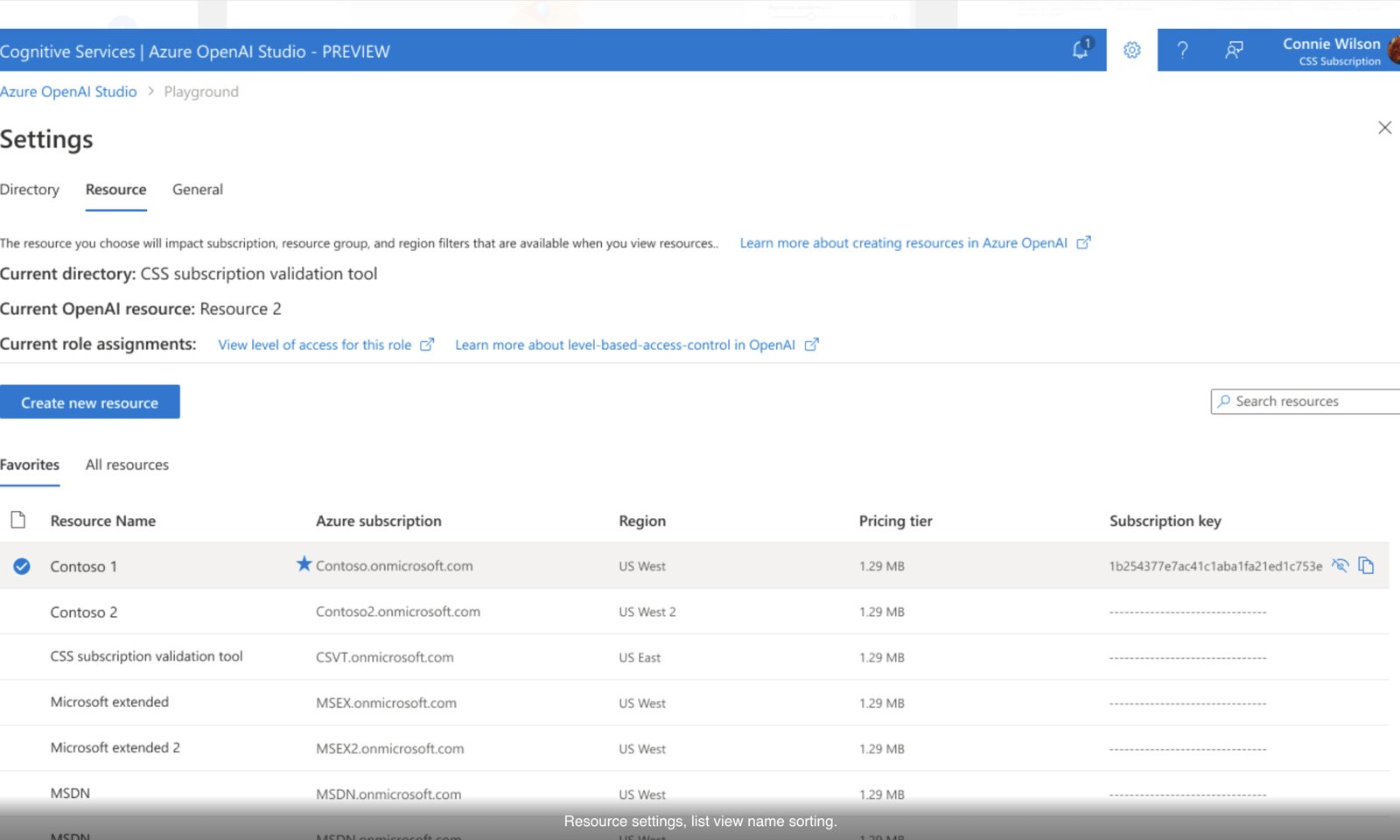 Settings panel showing directory, resource, and role assignments