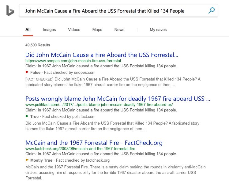 Fact-check labels on three search results
