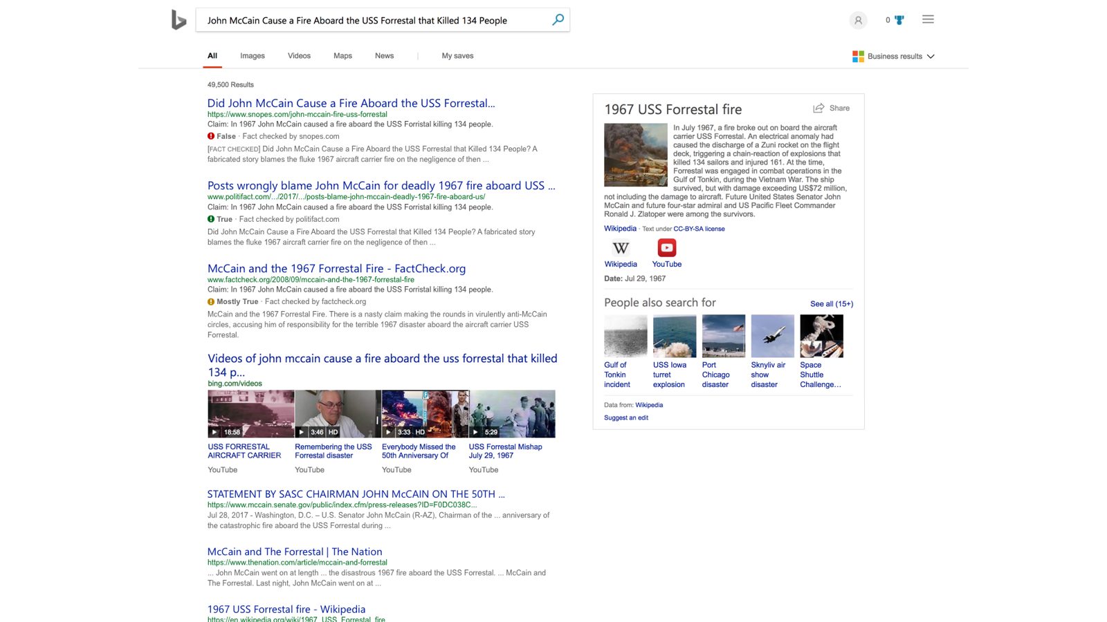 Bing search results with fact-check indicators