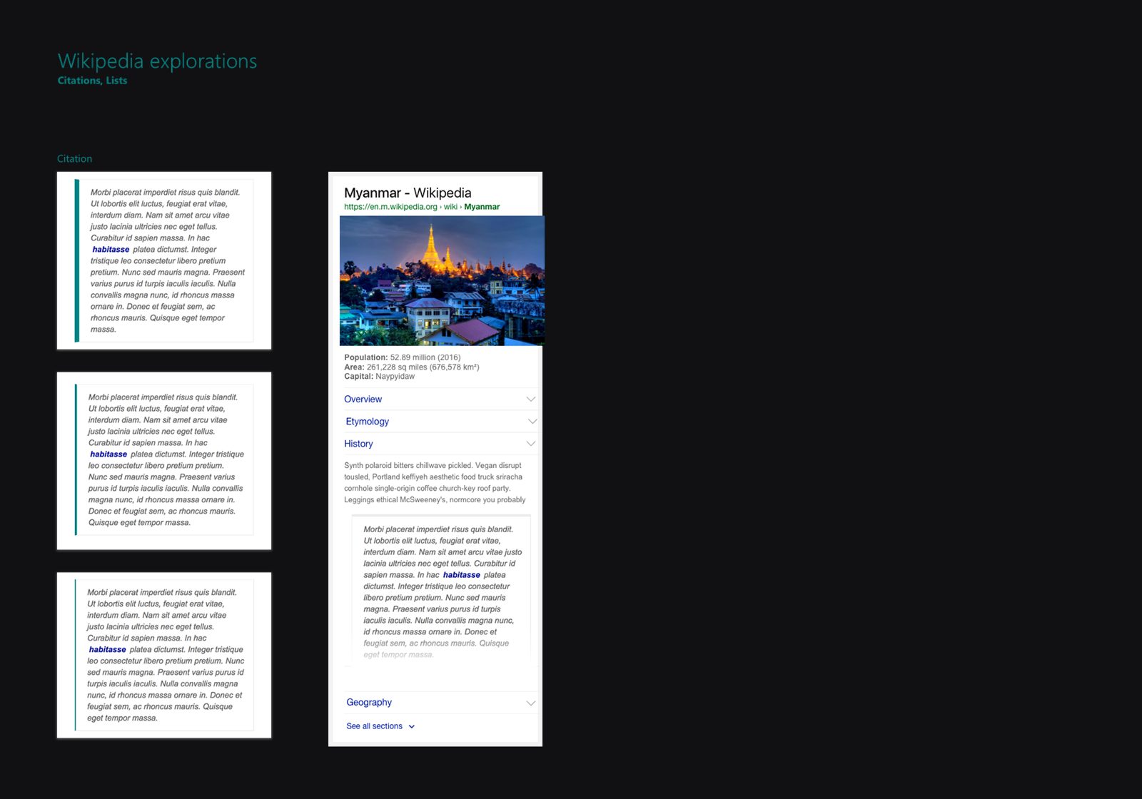Wikipedia explorations on dark background, mobile
