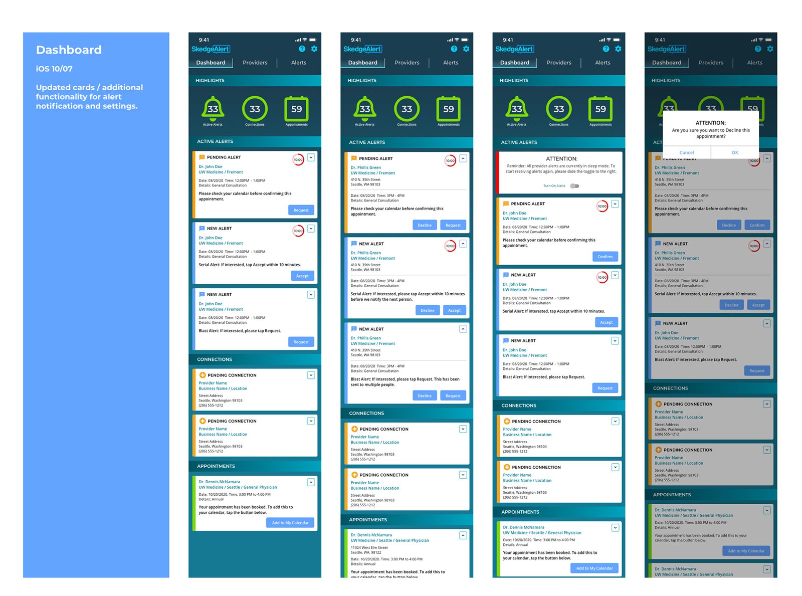 Dashboard screens with notification counts and active alerts