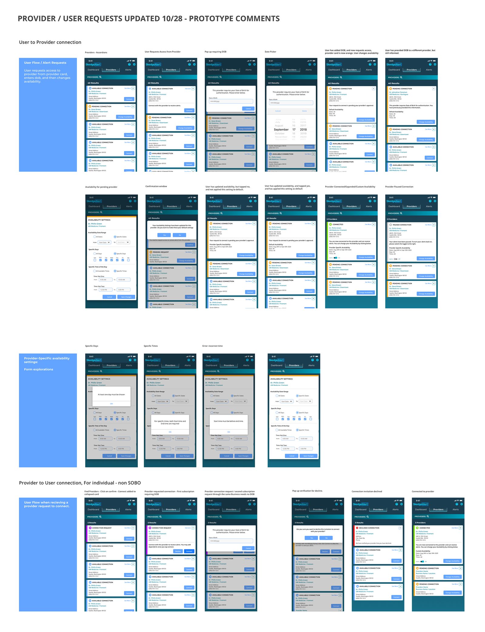 Prototype screens for provider and user requests, updated for stakeholder review