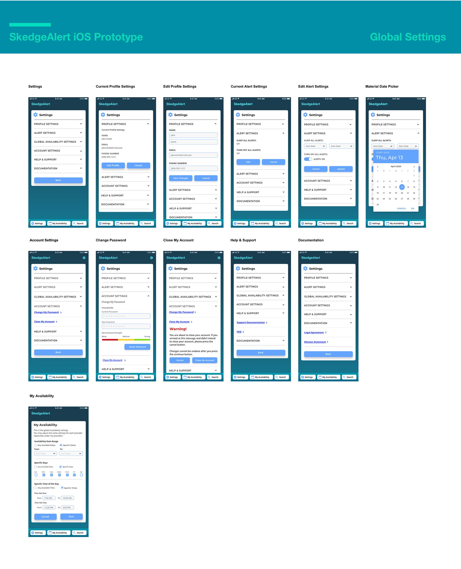 iOS prototype board: global settings and alert flows