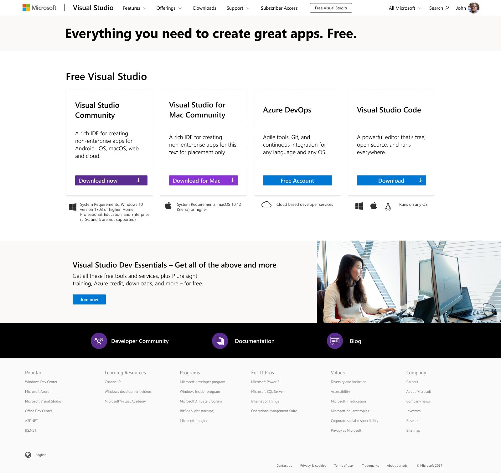 Visual Studio home page