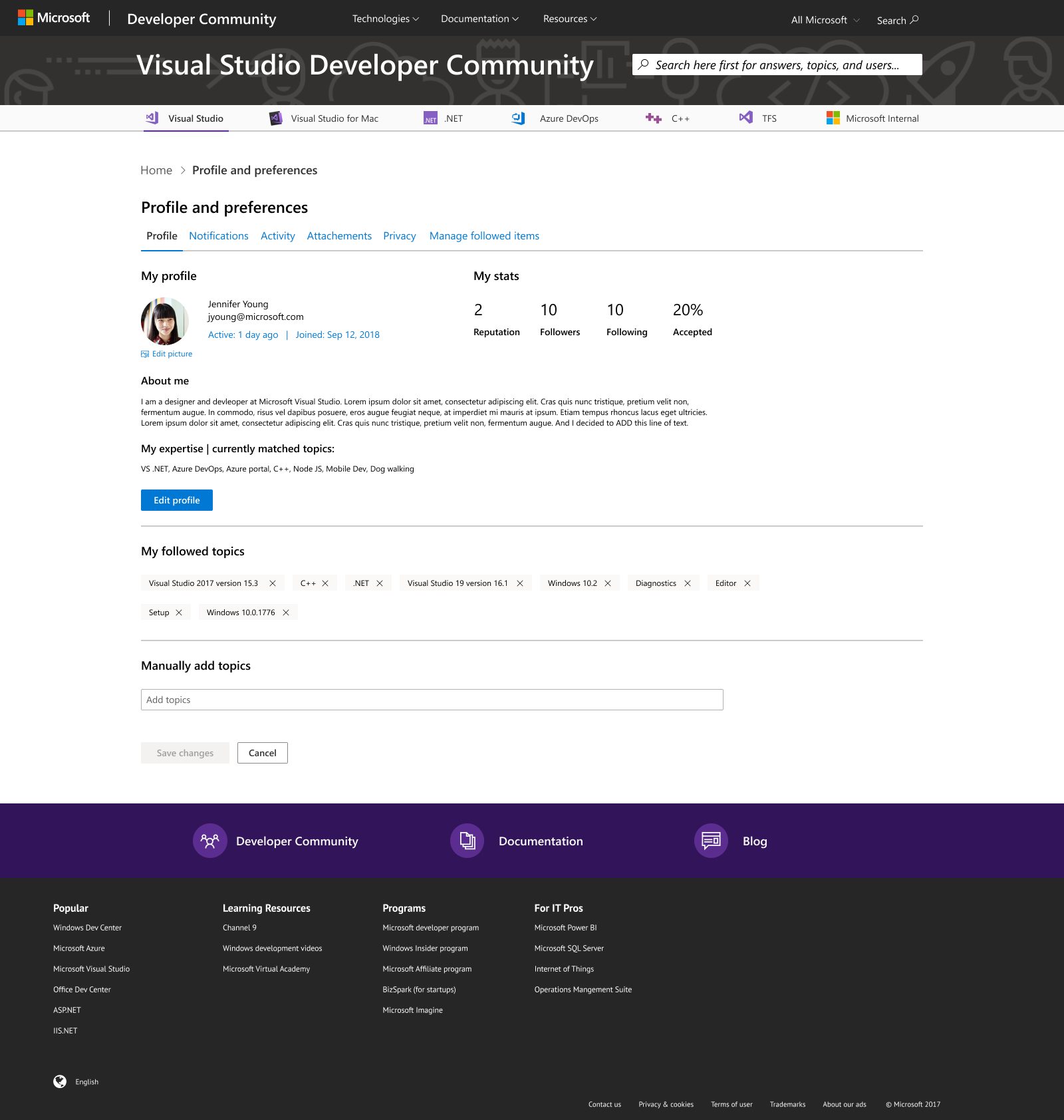 Developer Community profile and preferences page