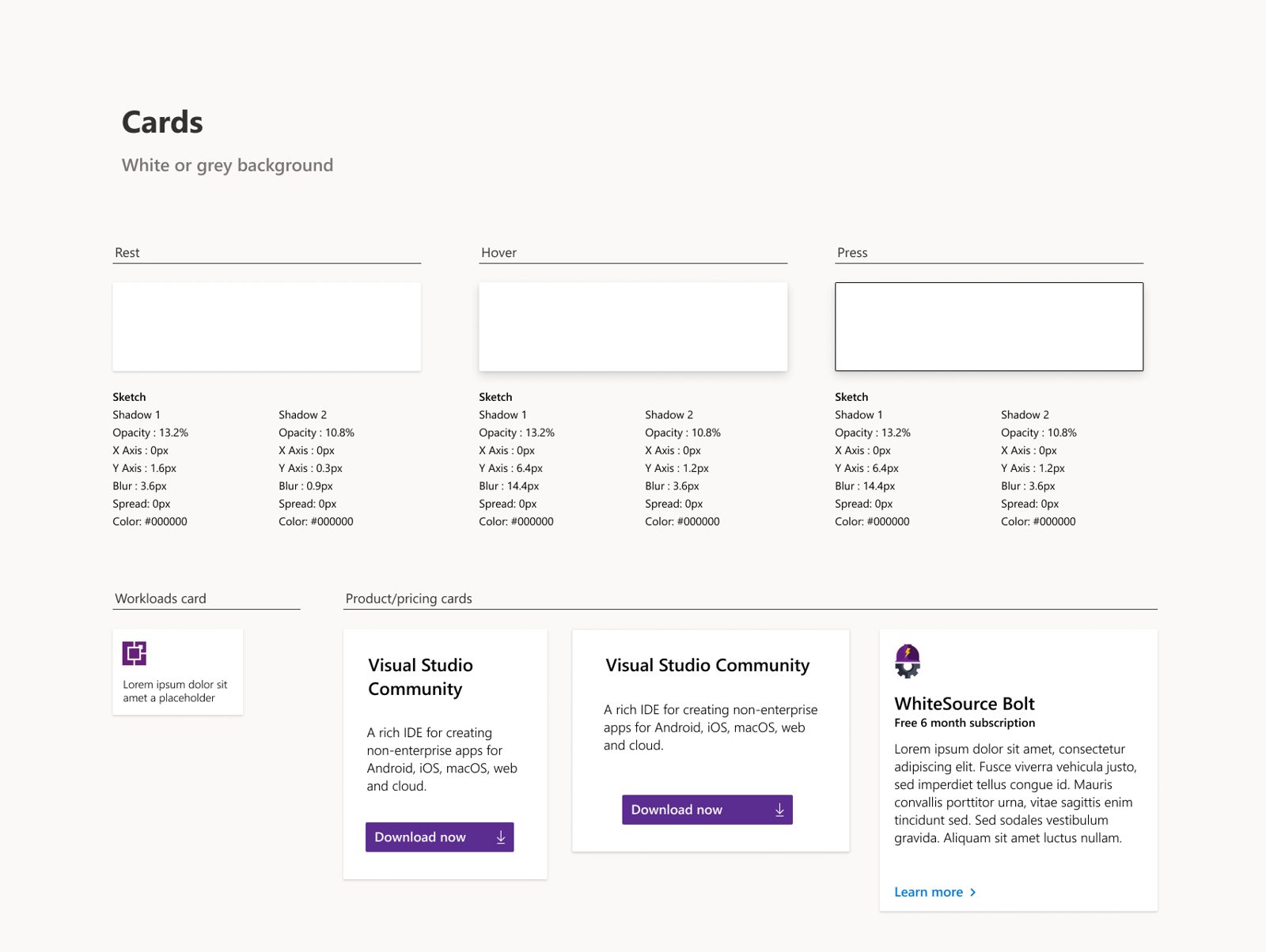 Card component specifications on white and grey backgrounds