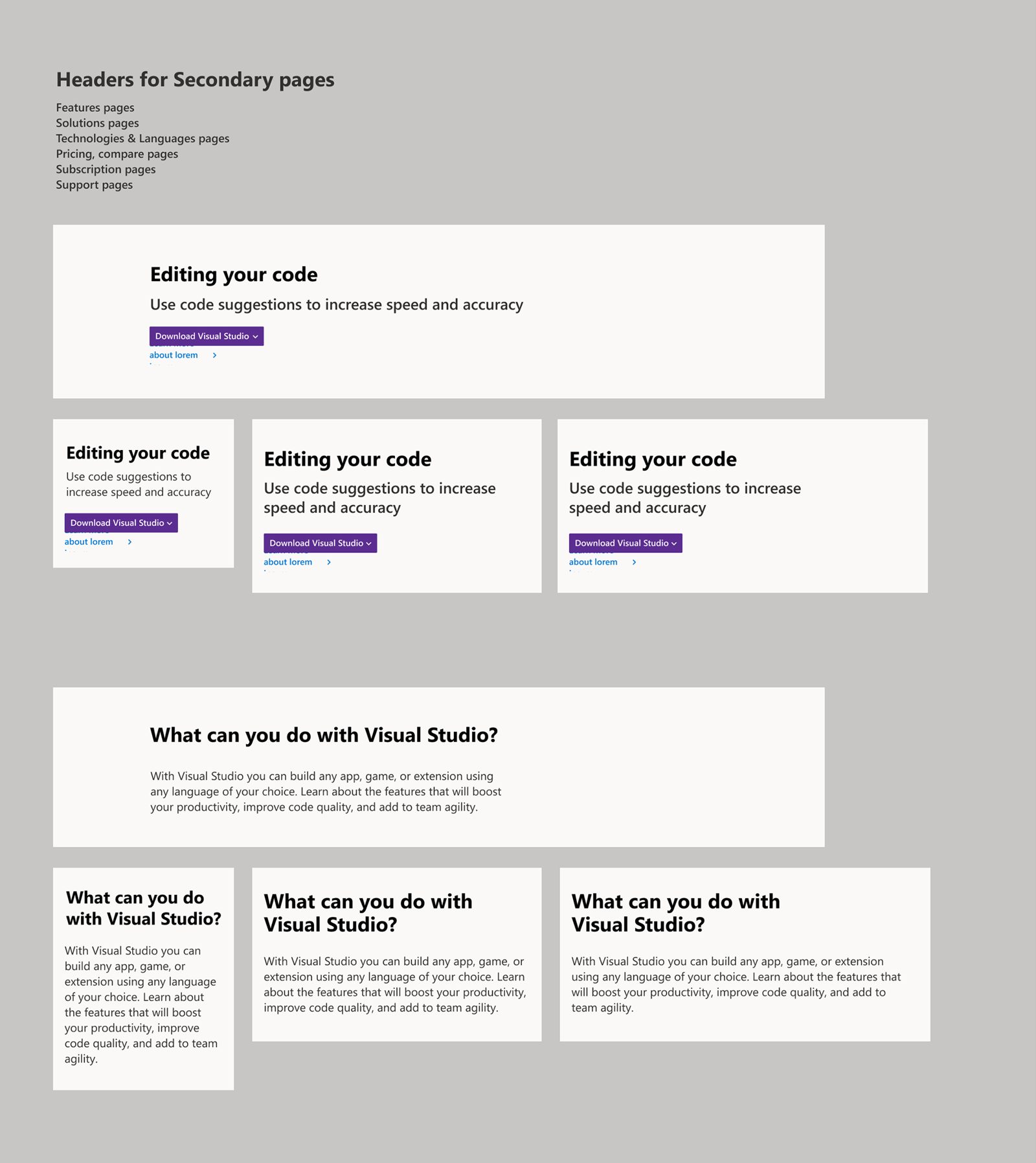 Header components for secondary pages